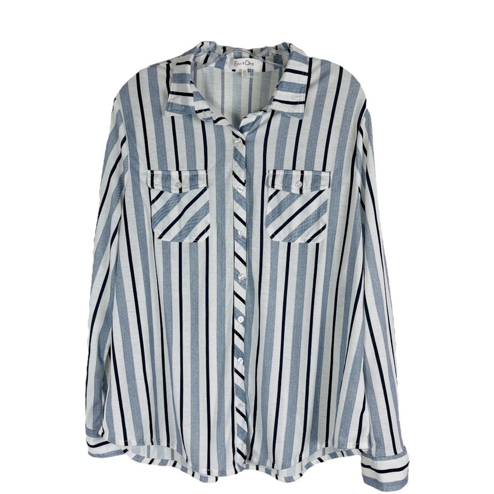 Nwt Eden & Olivia Blue White Stripe Coastal Button Front Collar Shirt 2x